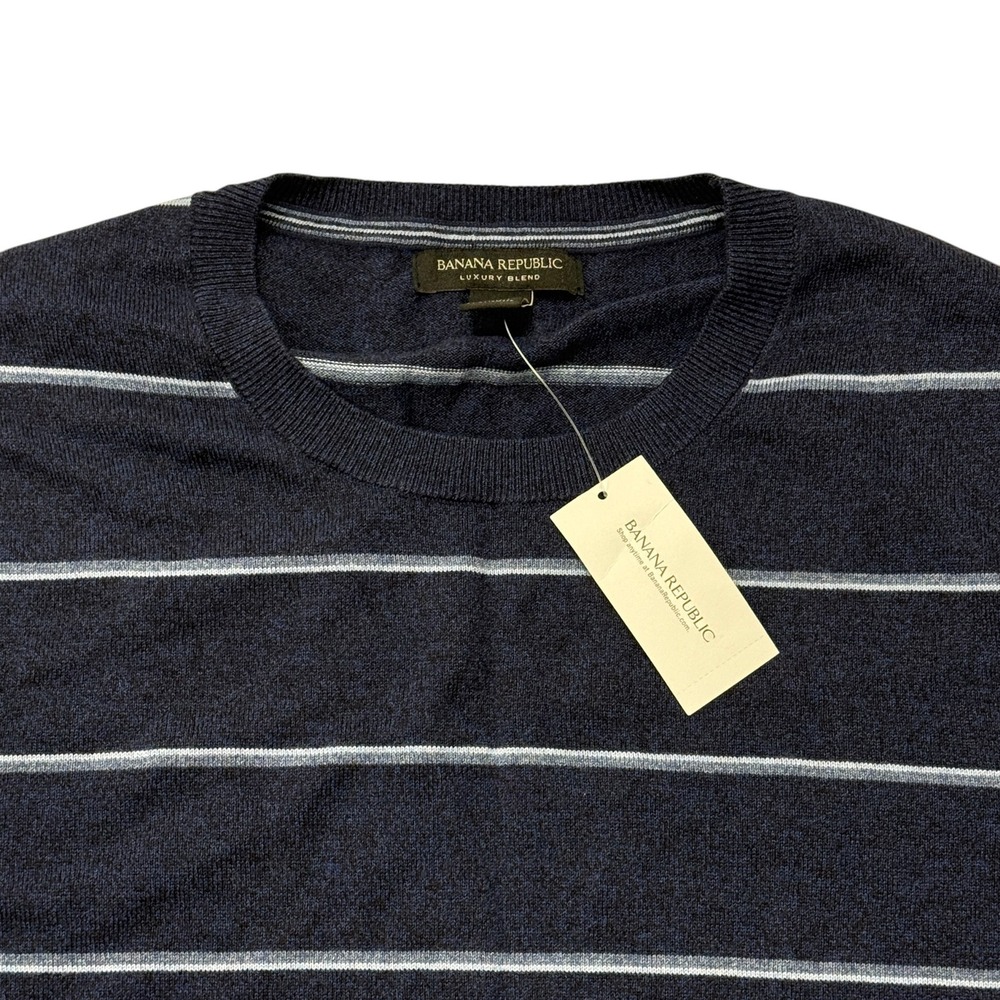 Banana Republic Silk Cotton Cashmere Striped Sweater Navy Blue Mens Medium New - Picture 9 of 11